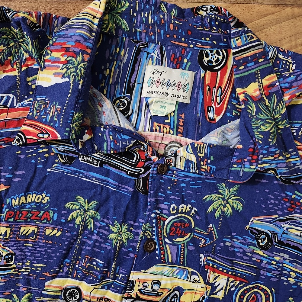 VTG Reyn Spooner American Classics Cars All-Over Print Hawaiian Royal Blue XL